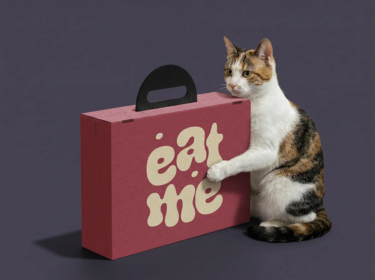 Techra, die Atelierkatze, mit einem fertigen Designprojekt