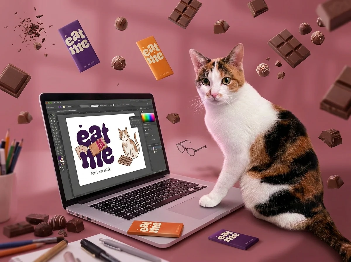 Techra, die Atelierkatze, am Laptop während der Gestaltung